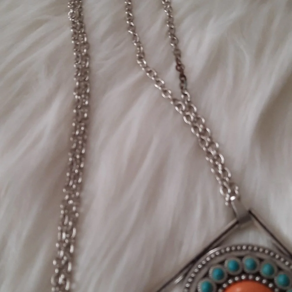 3/25$ sandstone faux turquoise/coral fringe fashion necklace silvertone - Picture 6 of 7